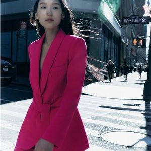 ZARA BELTED TUXEDO COLLAR BLAZER & LONG FLOWY PANTS SET